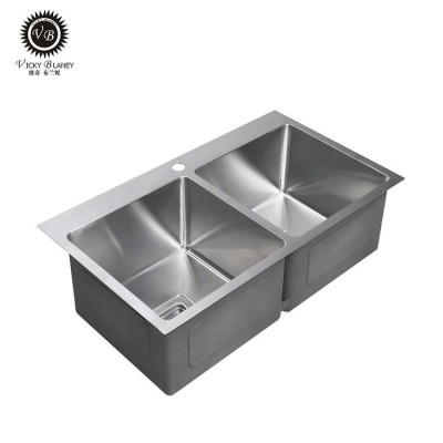 Square silver double bowl kitchen sink  drain 304 stainless steel